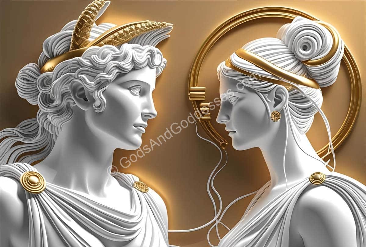Athena and Arachne Greek mythology statues with divine classical sculpture details.
