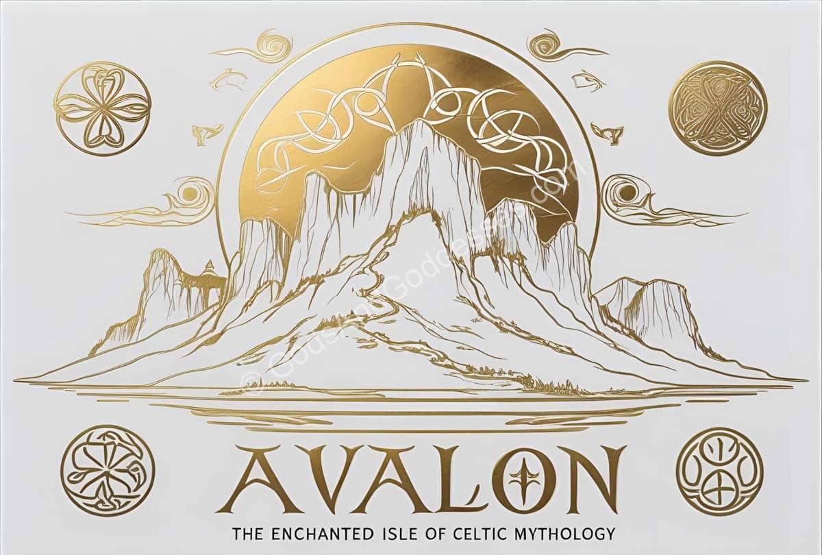 Mystical Avalon illustration with Celtic mountains, sun, and enchanted isle mythology symbolism.