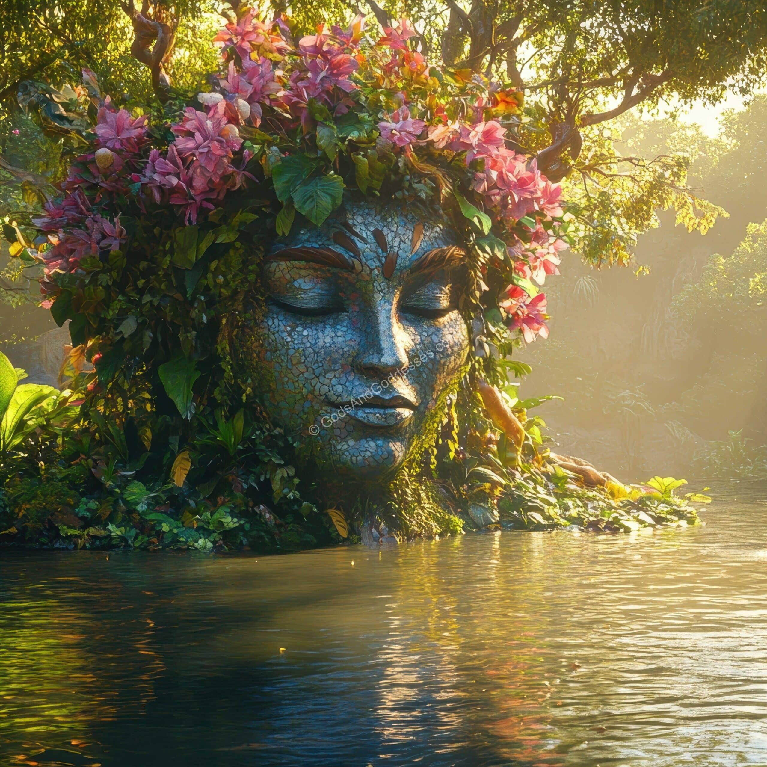 Awaken The Divine Feminine Mystical stone goddess face with floral crown in serene nature and reflective water.
