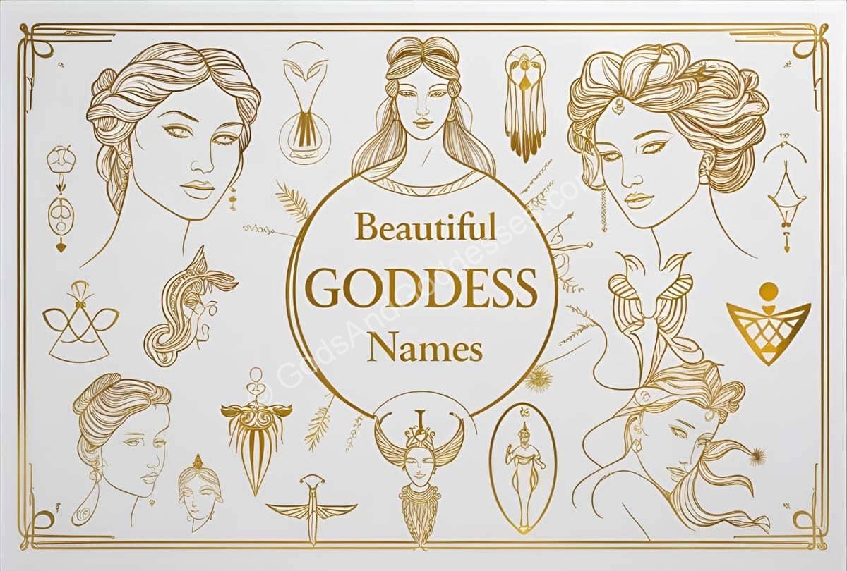 Beautiful goddess names with gold illustrations of divine feminine mythology.