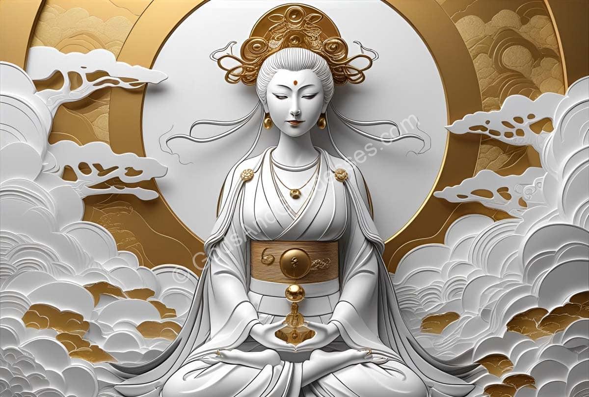 Benzaiten Japanese goddess statue with golden sun and serene spiritual symbolism.