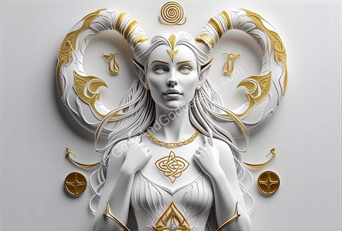 Celtic goddess Brigid relief sculpture with ornate horns, flowing hair, and mythological symbolism.