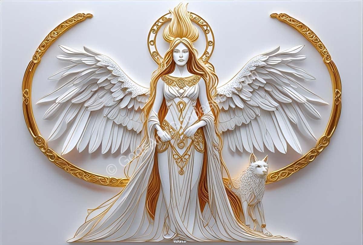 Celestial Brigid goddess with angel wings, glowing halo, white robes, and sacred cat companion.