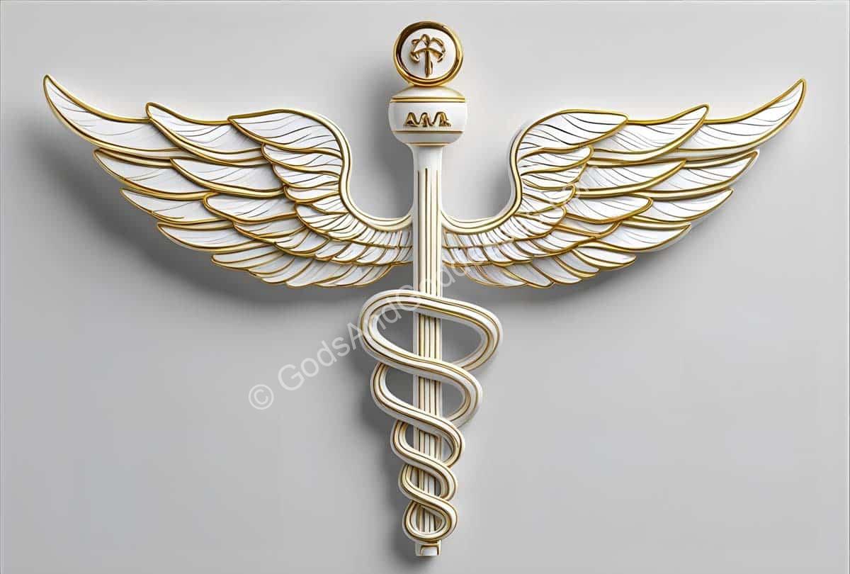 Golden caduceus medical symbol with wings and serpents representing healthcare and healing.
