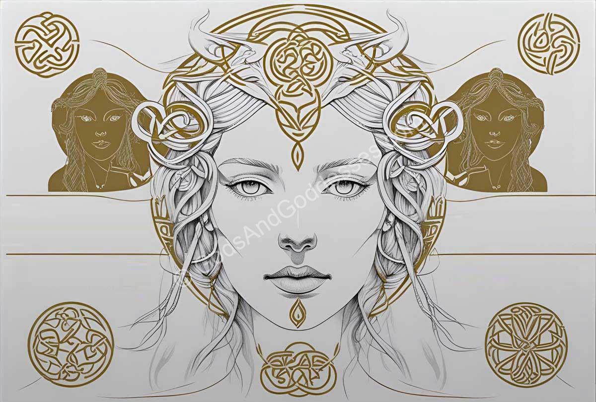 Celtic goddess artwork with mythological symbols and feminine divine energy.