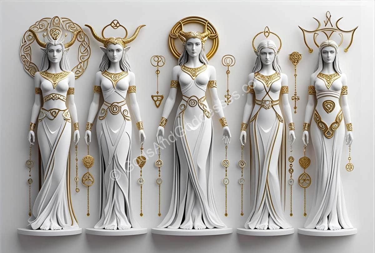 Celtic Goddesses List Celtic goddesses in white and gold robes with ornate divine headdresses.