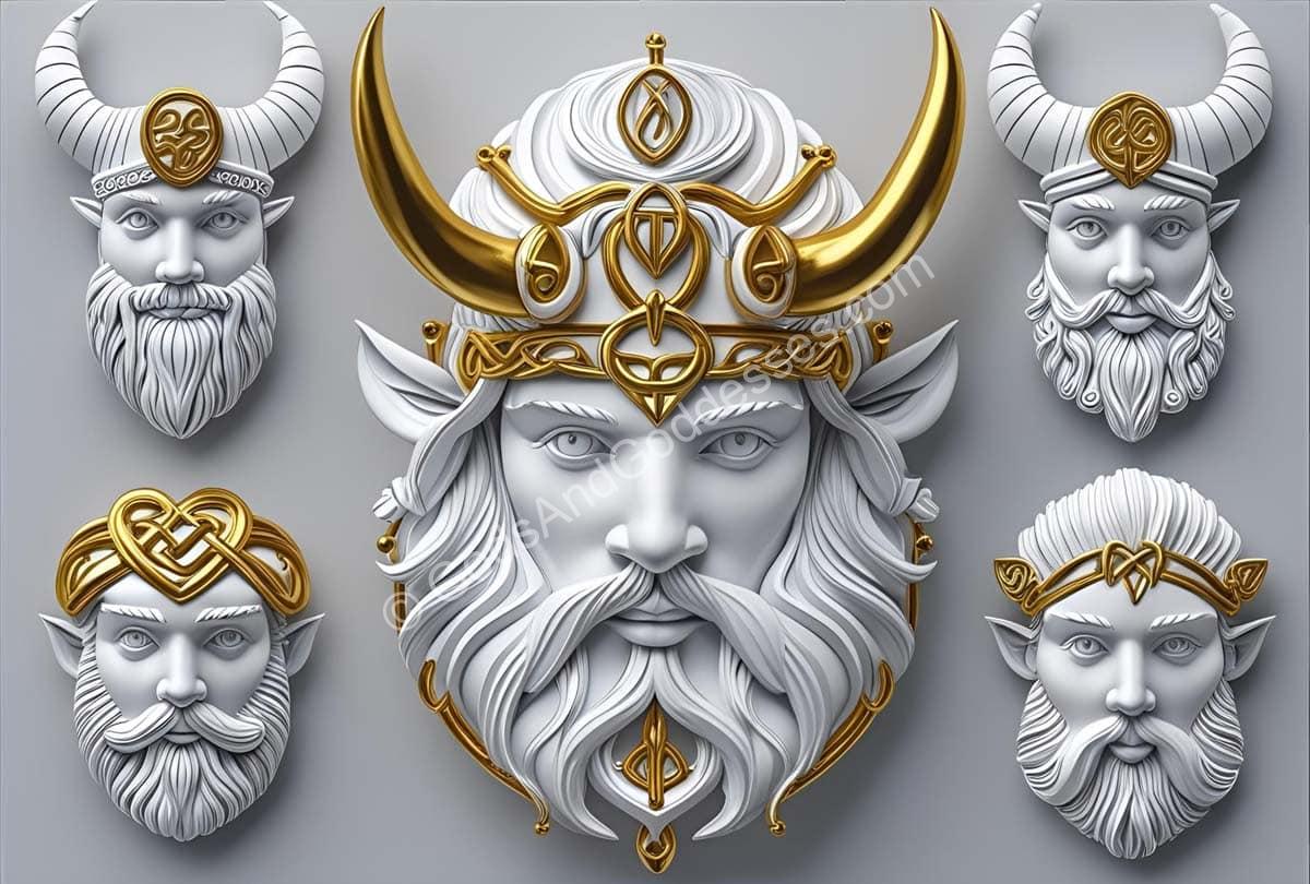Celtic Gods List Mythological Celtic gods and deities sculptural faces with gold accents.