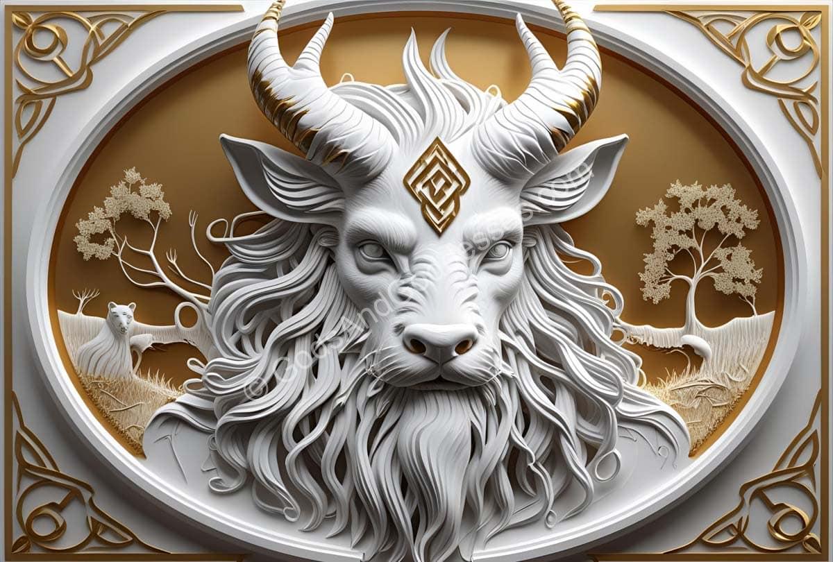 Celtic horned god Cernunnos relief sculpture with ram horns and golden background.