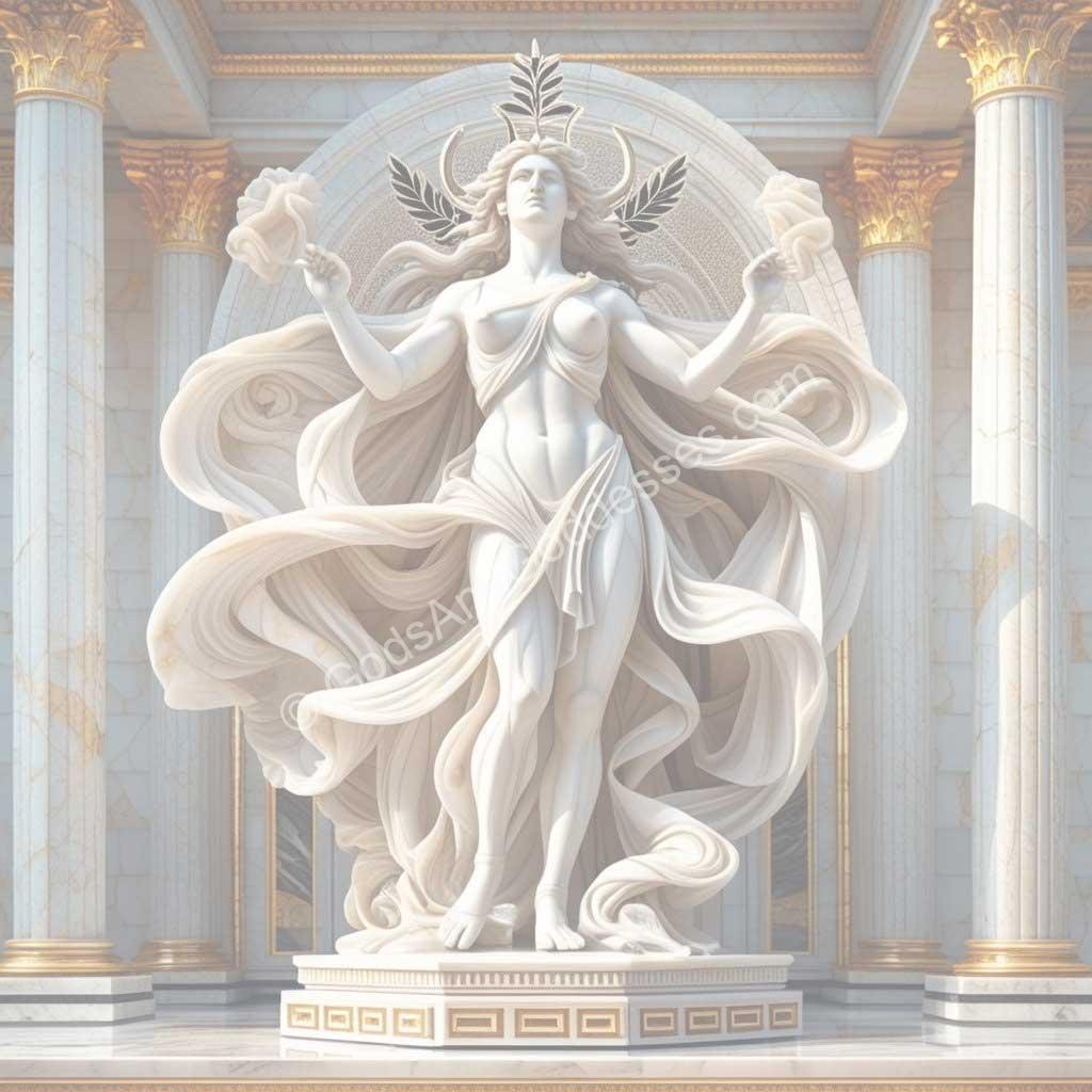 Marble goddess statue symbolizing creativity, power, and beauty in classical architectural setting.
