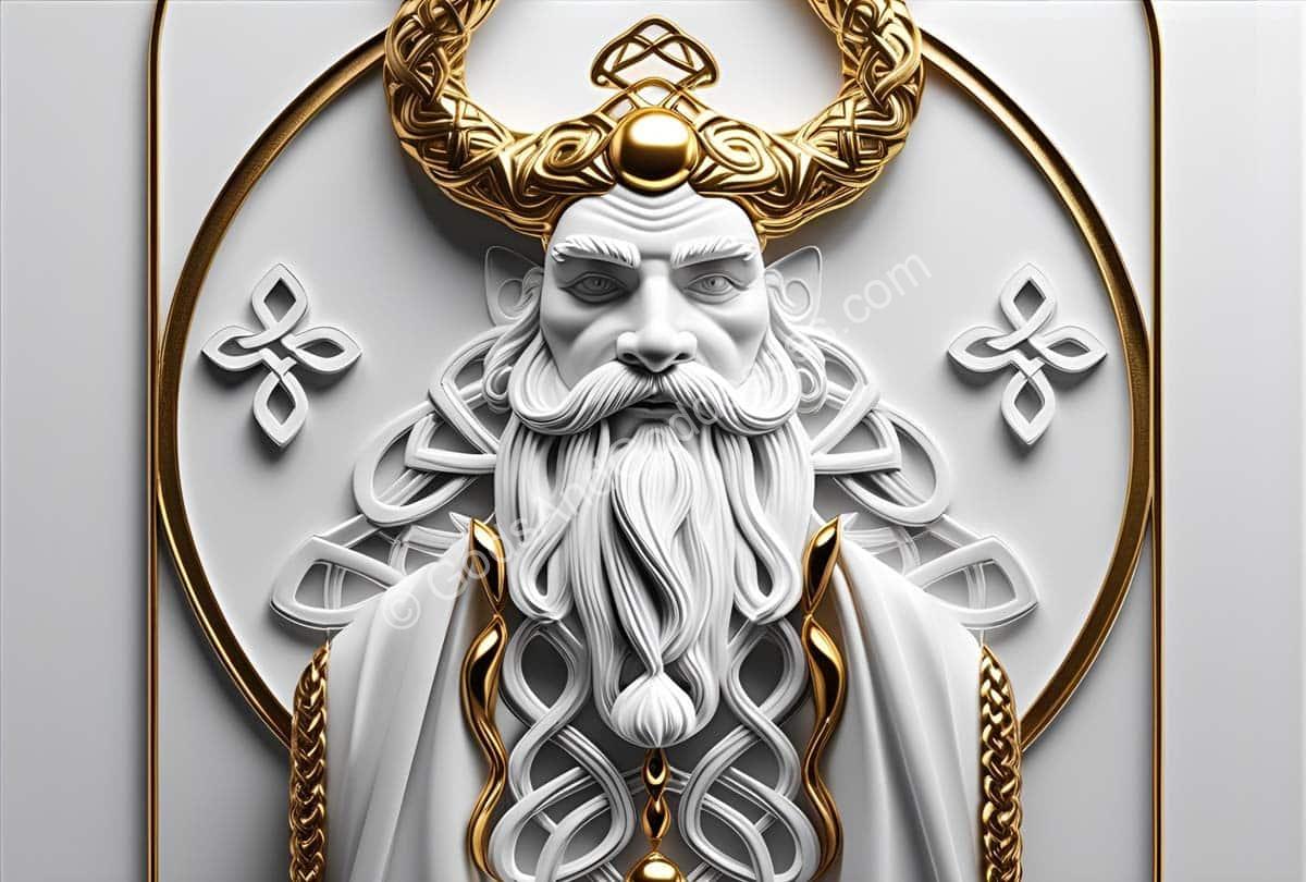 Mythical Dagda Celtic god with golden horns, white beard, and ornate spiritual designs.