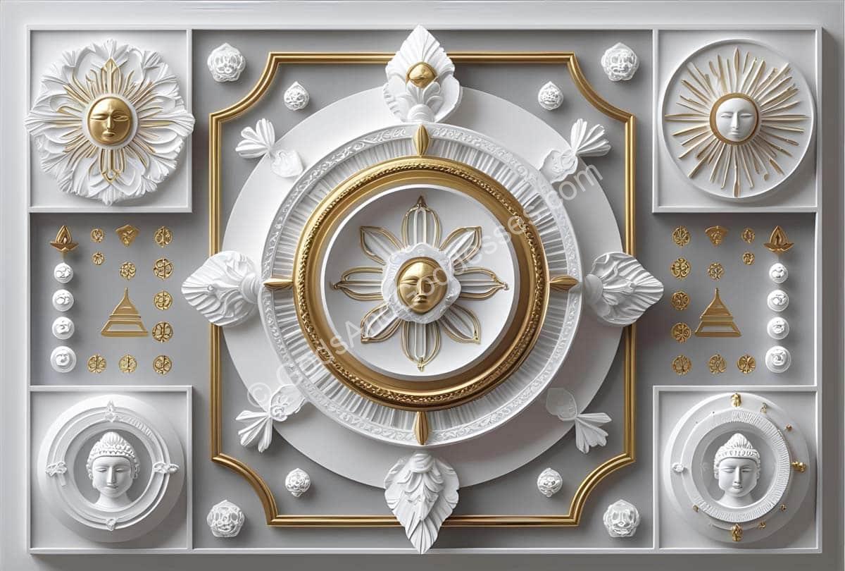Ornate white and gold spiritual artwork with sunburst, sacred symbols, and divine decorative motifs.