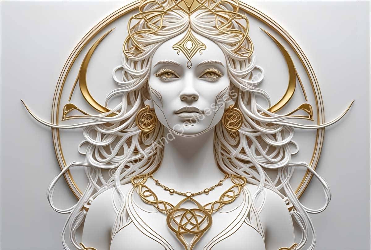 Divine Celtic goddess Danu artwork with golden halo, sacred symbols, and spiritual feminine energy.