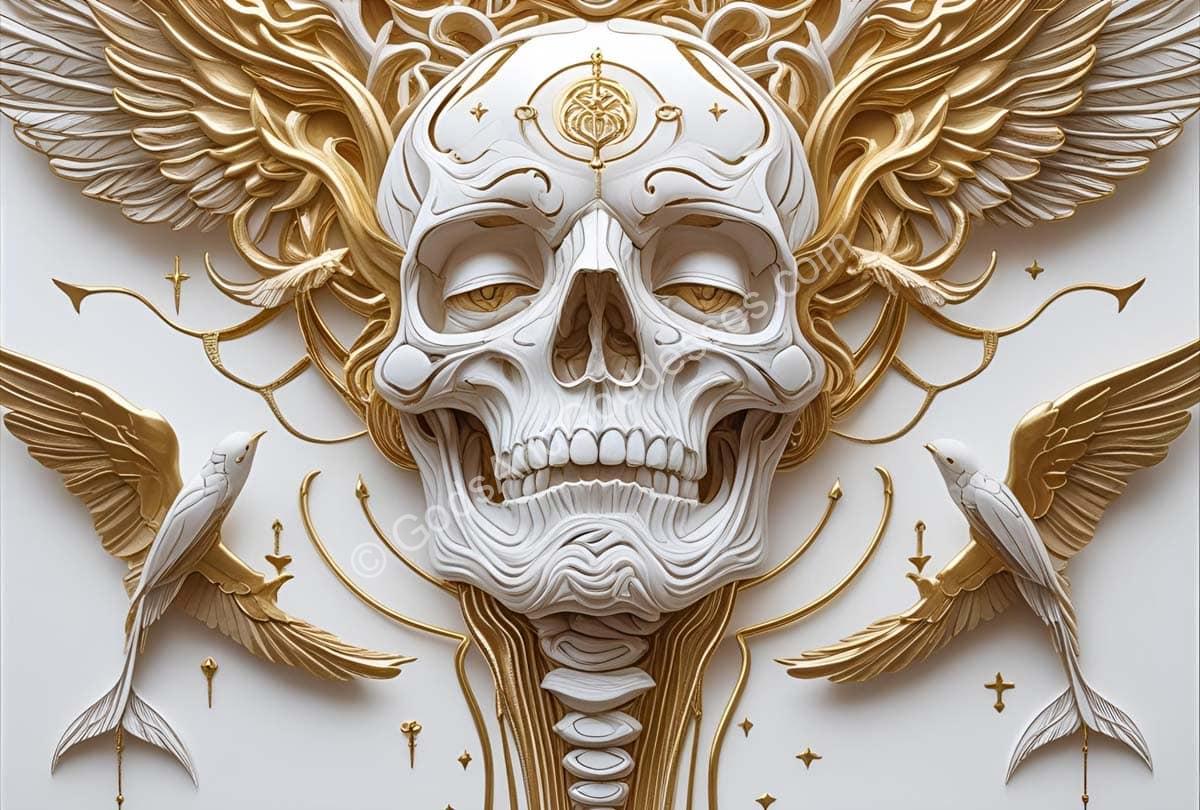 White skull with golden birds and wings symbolizing death, afterlife, and spiritual rebirth.