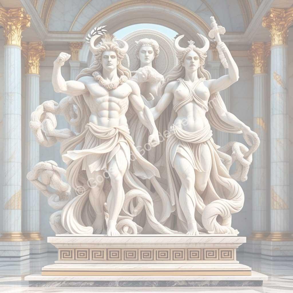 Marble sculpture of ancient god and goddess archetypes in classical architectural setting.