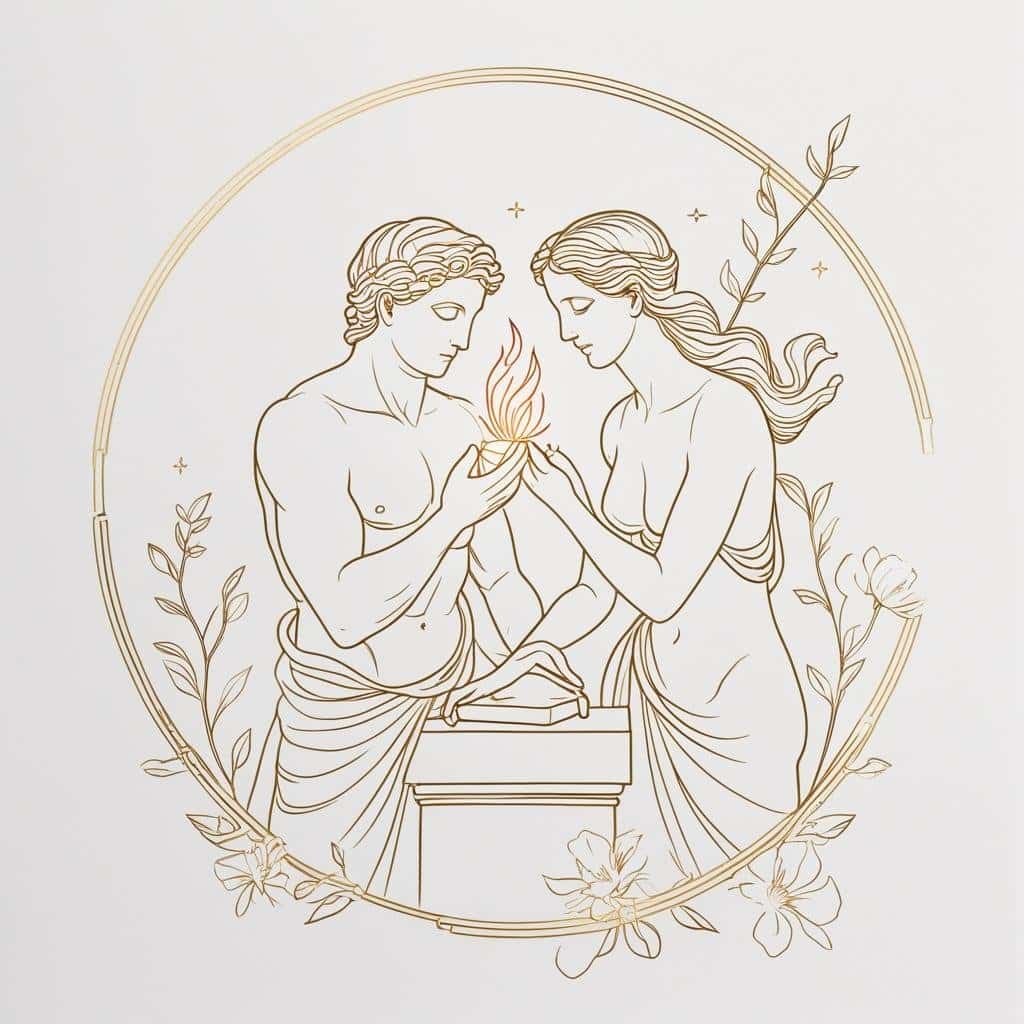 Divine Destiny Create Destroy Ancient Greek inspired art of man and woman sharing flame symbolizing love, passion, and connection.
