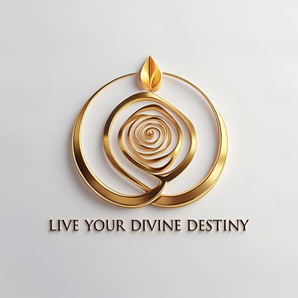 Divine Destiny Logo Golden rose spiritual logo with circle design and text Live Your Divine Destiny.