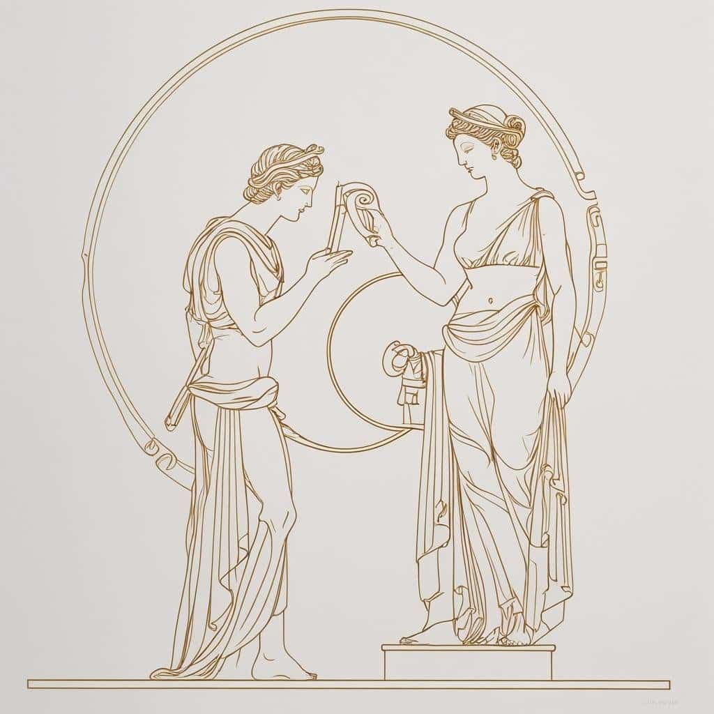 Divine Destiny Myths Ancient Greek art showing mythological figures exchanging a vessel in classical style.