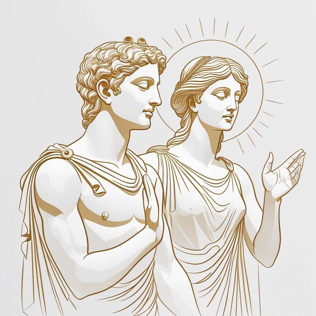 Divine Destiny Tune In Tune Out Classical Greek art inspired male and female figures with divine halo and elegant beauty.