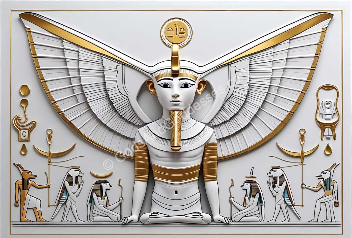 Ancient Egyptian deity with golden headdress and wings in Duat underworld art.