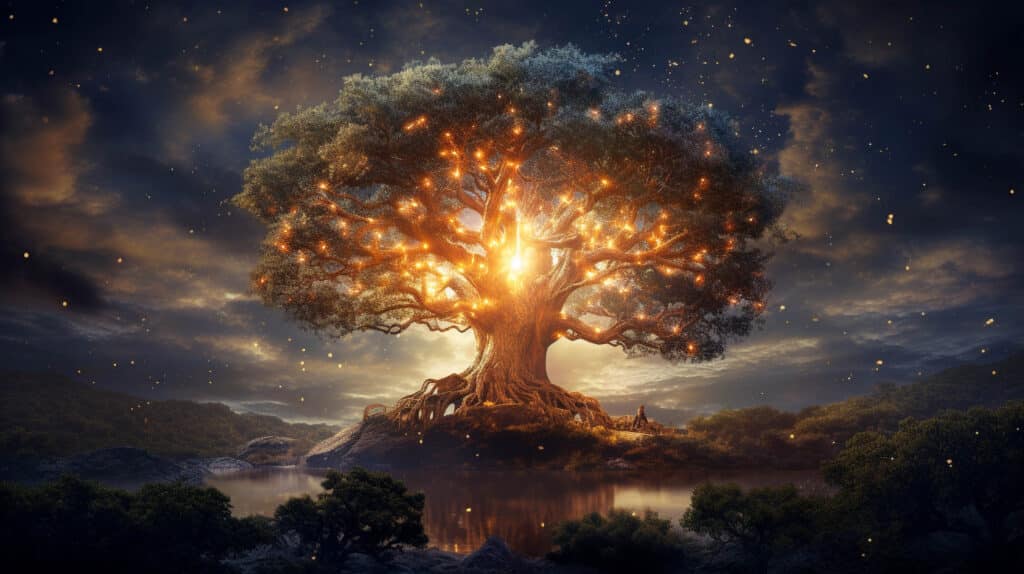 Glowing tree of life in mythology symbolizing connection of nine worlds.