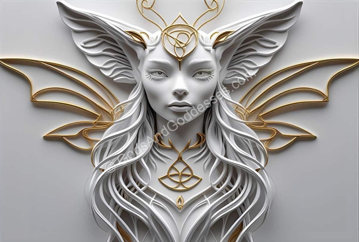Mystical fae figure with golden wings and ethereal Celtic-inspired design.