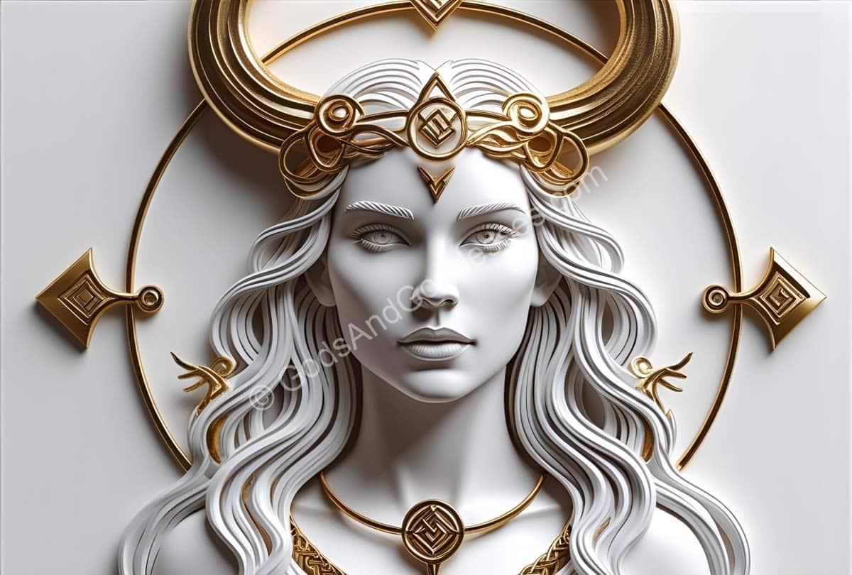 Golden horned Freyja Norse goddess with halo, jewelry, and divine ethereal beauty.