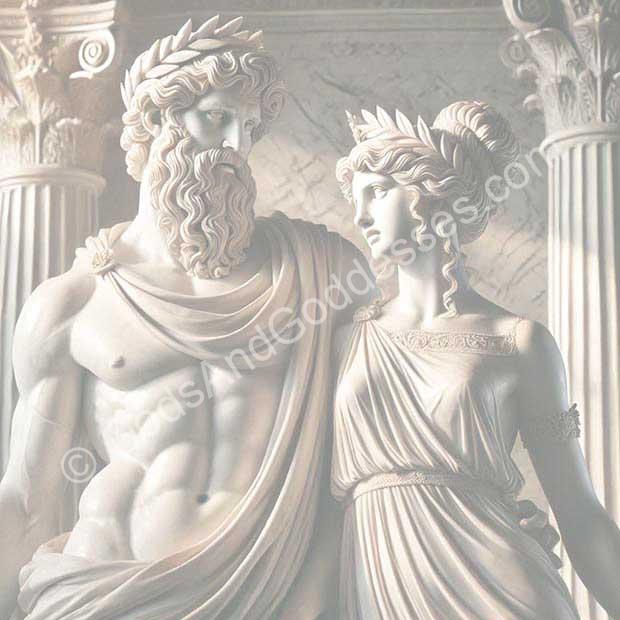 Mythological marble sculpture of ancient god and goddess with classical Greek temple background.