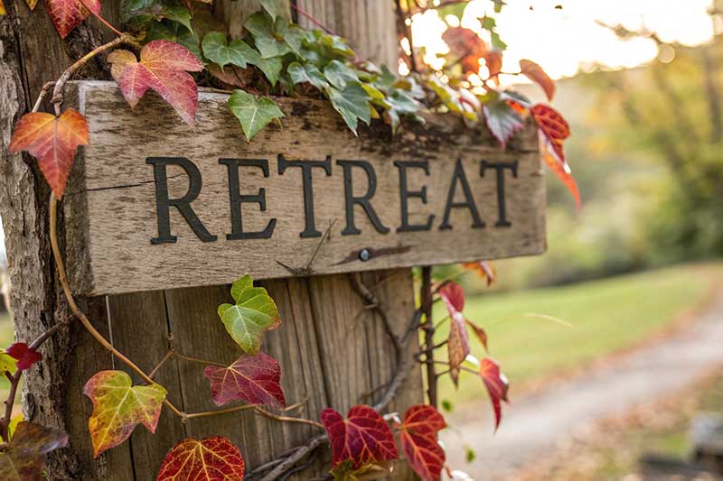 God Goddess Retreats Rustic wooden retreat sign with ivy in autumn nature setting.