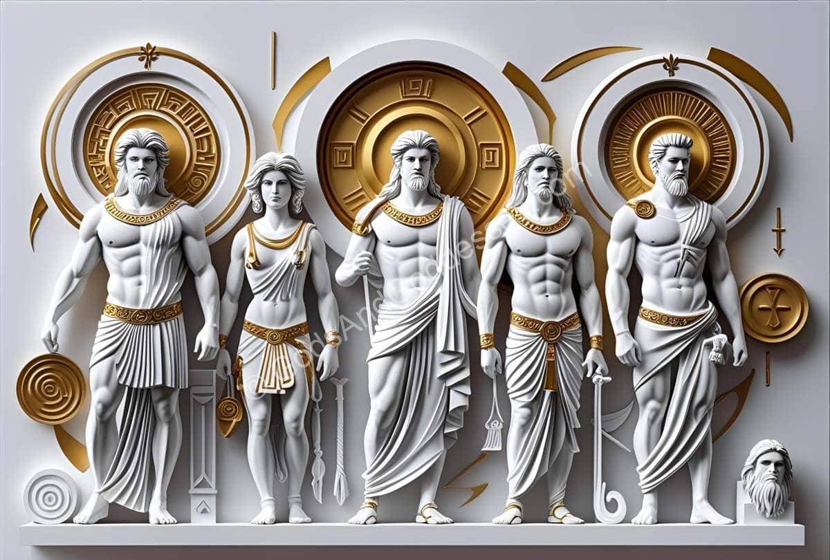Ancient Greek gods statues in white and gold with mythological and celestial motifs.