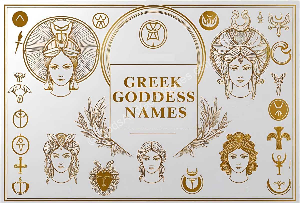 Greek goddess names with symbols and illustrations of ancient mythological deities.