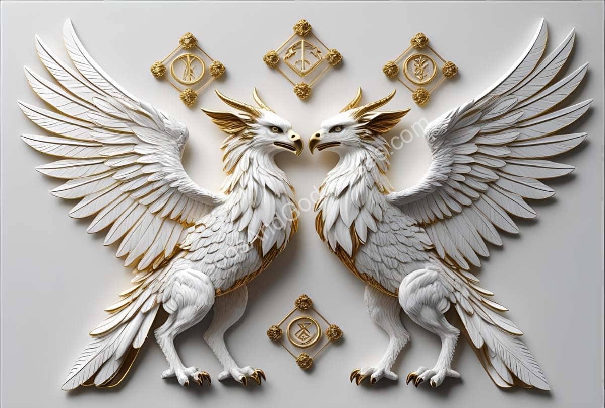 Golden griffins with spread wings facing each other in intricate mythical artwork.