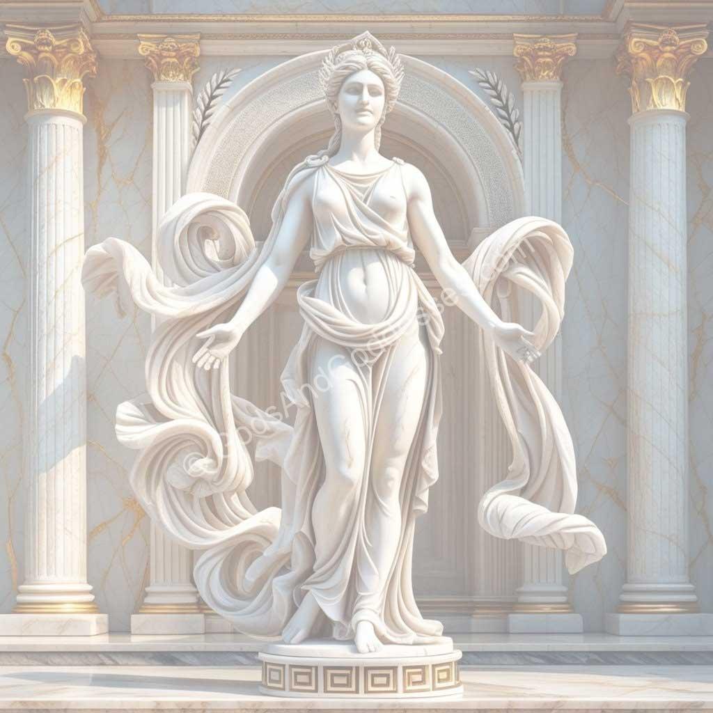 Marble goddess statue with flowing drapery in grand classical architecture.