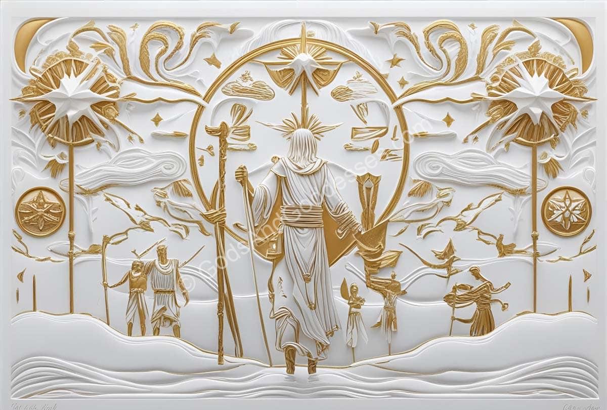 Mythical hero relief sculpture with golden accents, celestial symbols, and spiritual journey imagery.