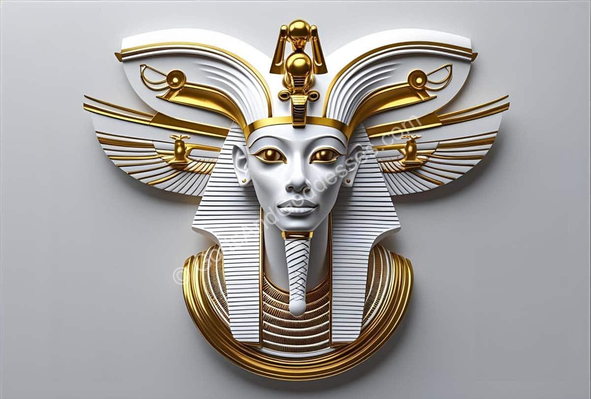 Ancient Egyptian Horus deity artwork with golden headdress and divine symmetrical face.