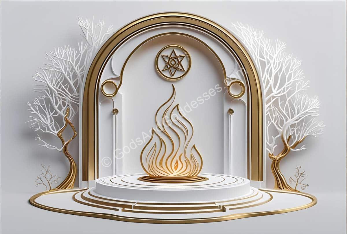Imbolc altar with Brigid flame, sacred trees, and spiritual pentagram symbol.