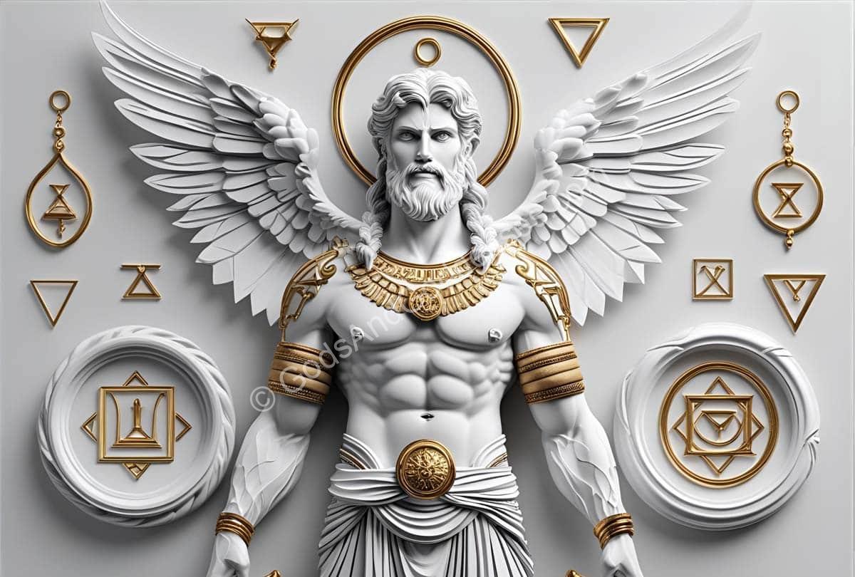 Statue of Zeus with wings, gold symbols, and divine Greek mythology aesthetic.