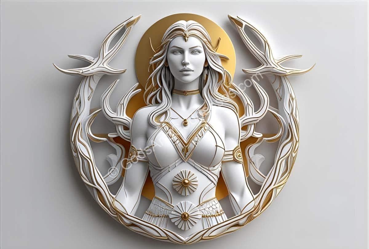 Mystical huntress goddess sculpture with golden halo and nature-inspired branches.