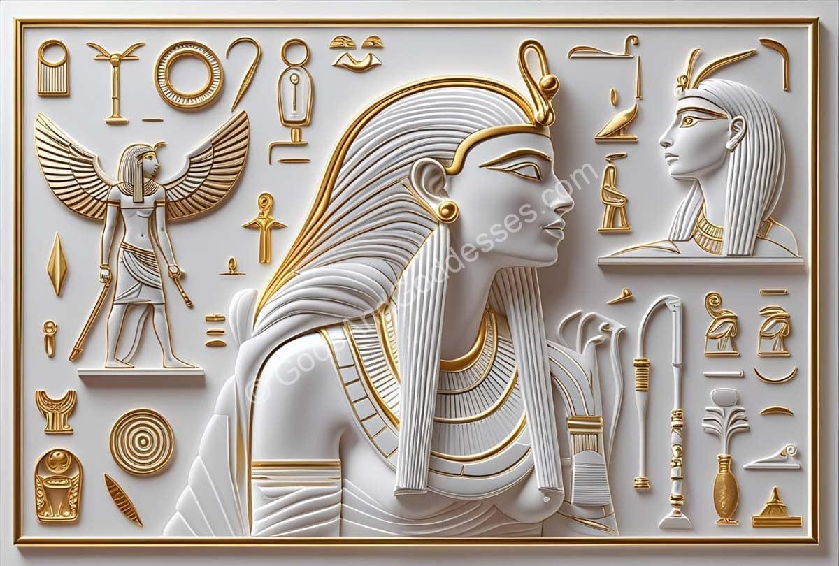 Egyptian goddess Isis relief sculpture with hieroglyphs, wings, and ancient gold jewelry.