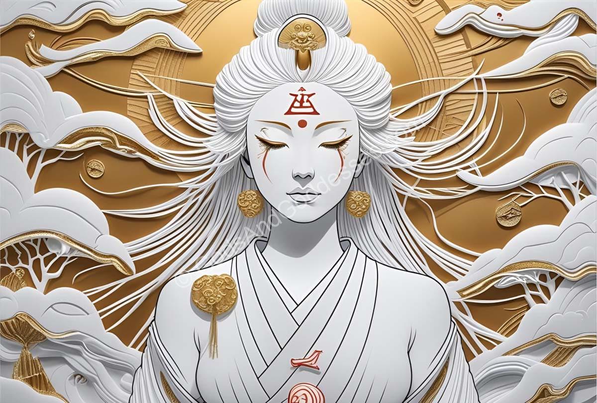 Ethereal illustration of Izanami, serene Japanese goddess with flowing hair, clouds, and golden accents.