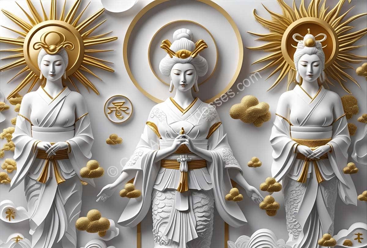 Japanese Goddesses List Japanese goddesses artwork with Shinto deities in golden and white spiritual design.