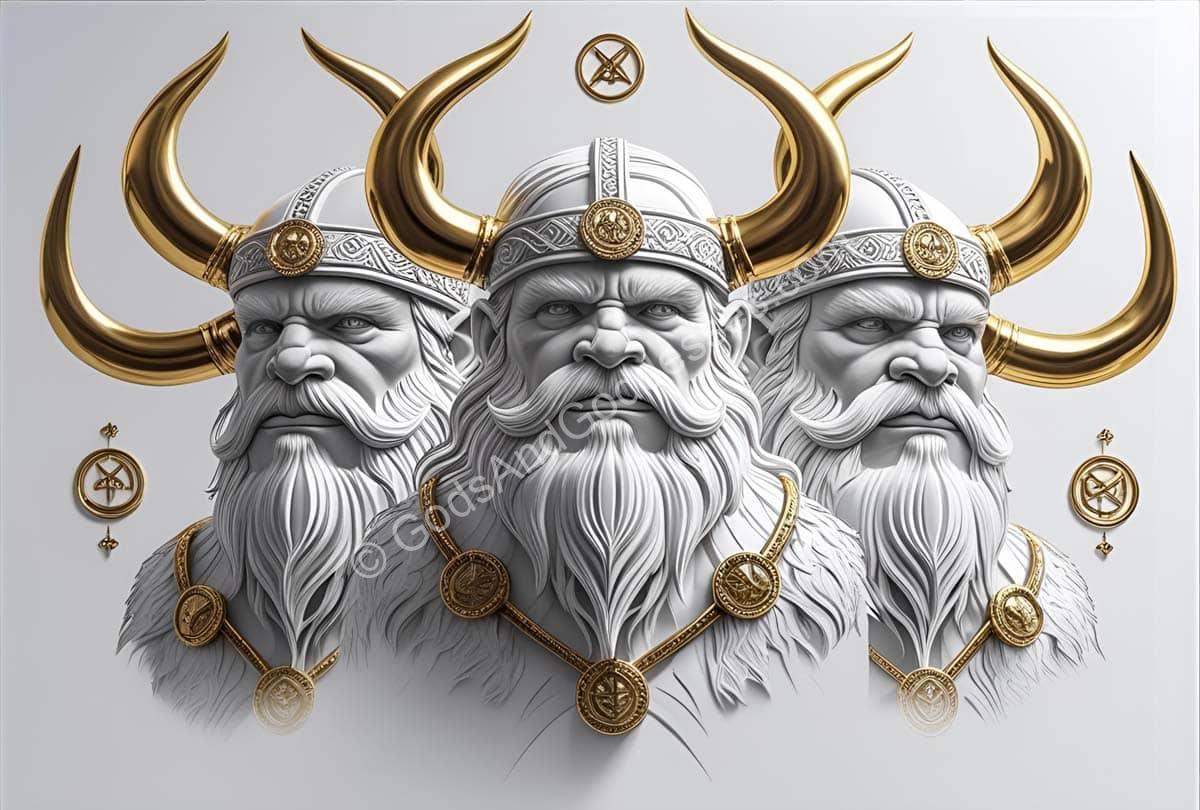 Viking Jotnar giants with horned helmets and braided beards in Norse mythology artwork.