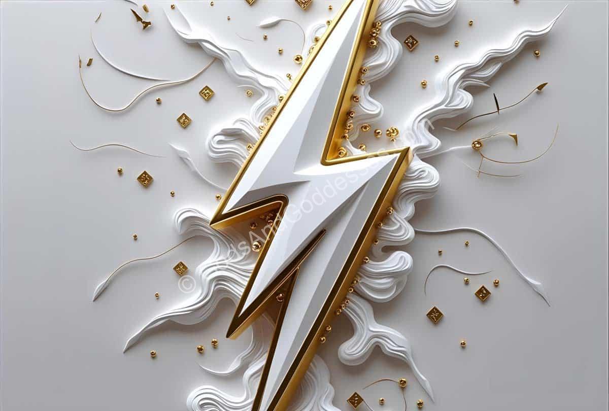 White lightning bolt with golden accents on stormy textured background.