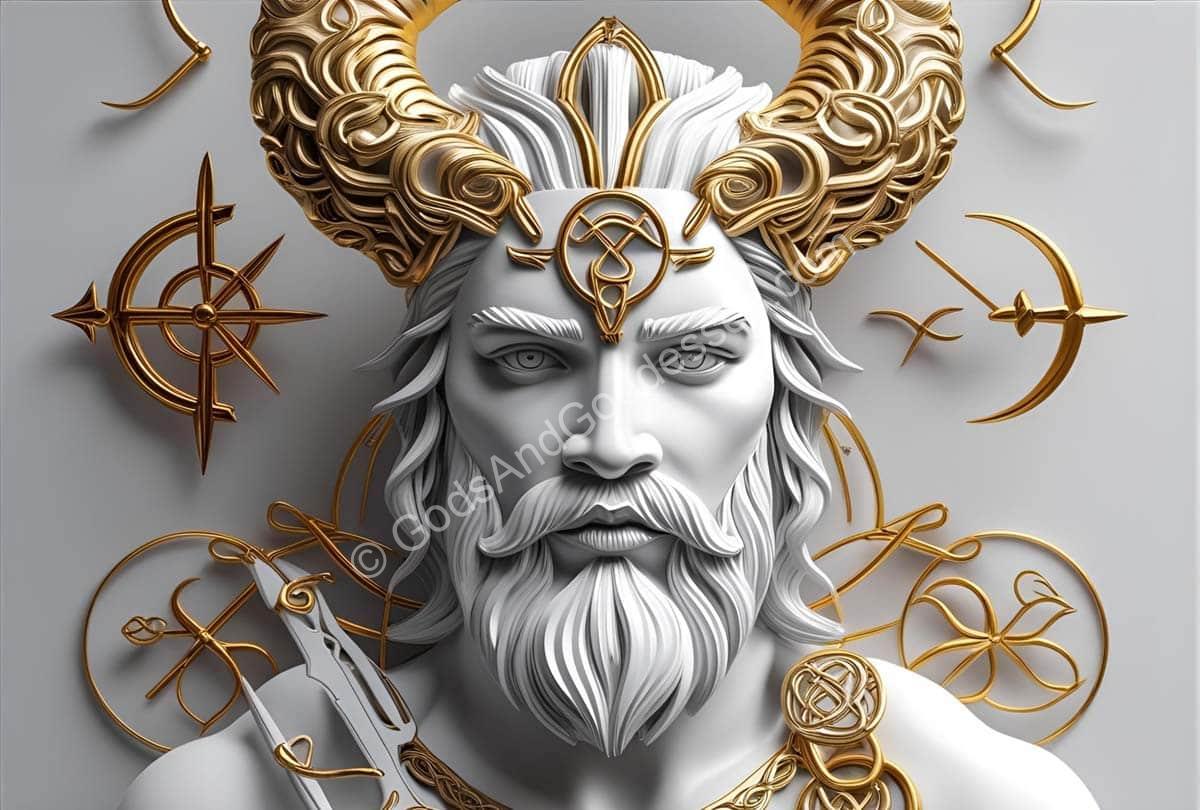 Mythological depiction of Lugh Celtic god with golden horns, divine symbols, and marble-like features.