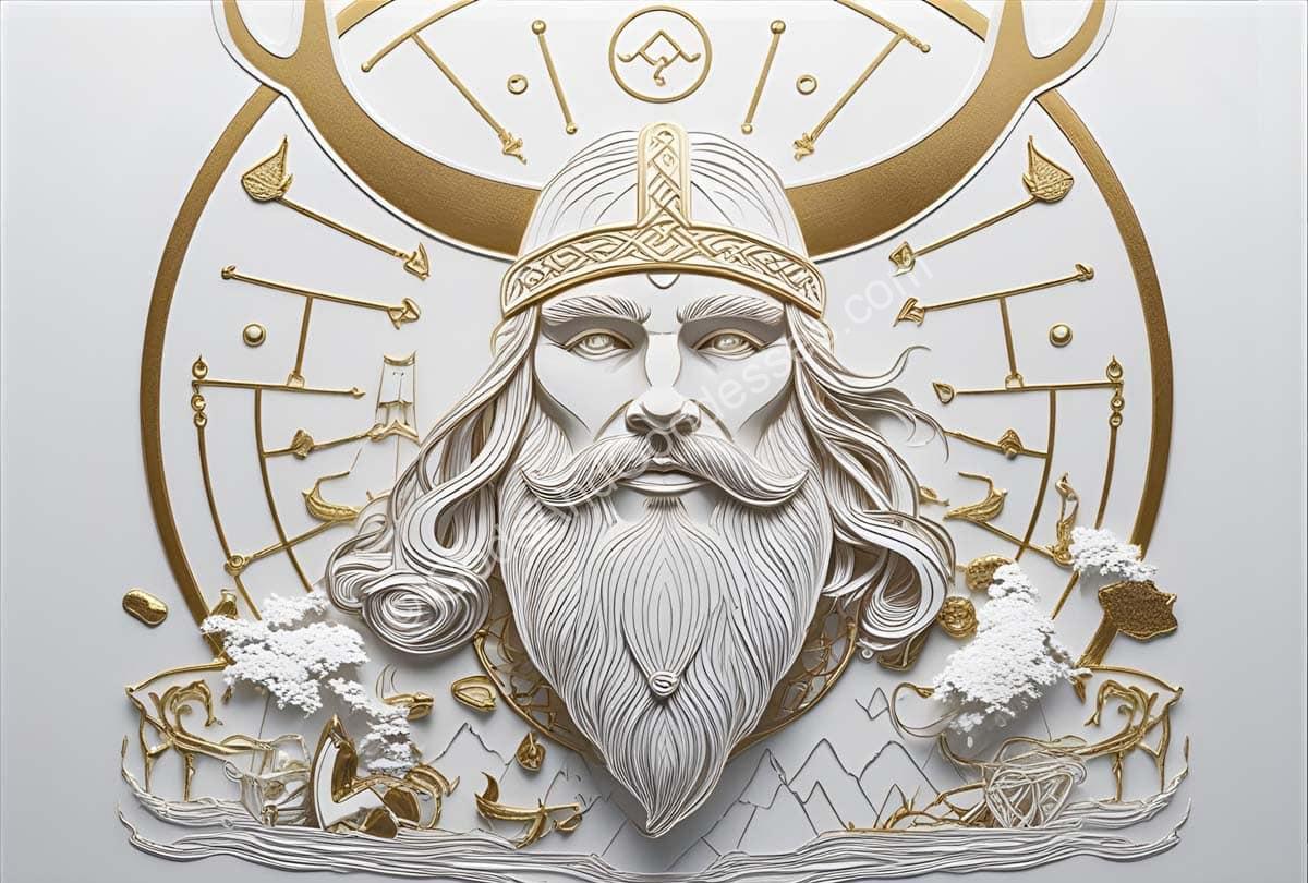 Njord Norse god illustration with golden crown, beard, and mythical ocean and mountain background.