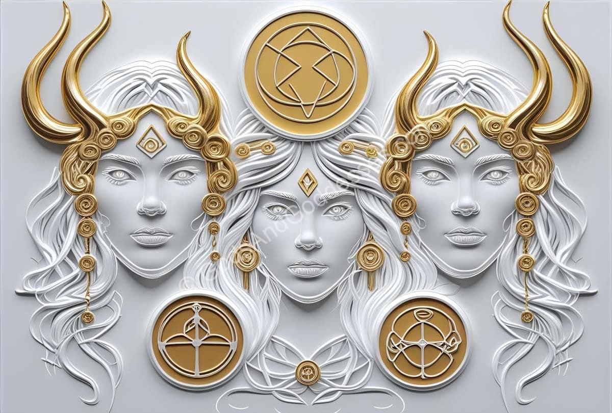Three Norns Norse goddesses with golden horns, mystical faces, and symbolic geometric designs.