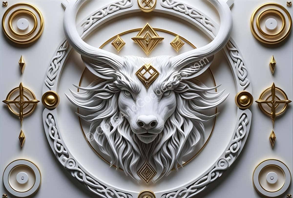White bull head sculpture with gold geometric Norse symbols and ritual design.