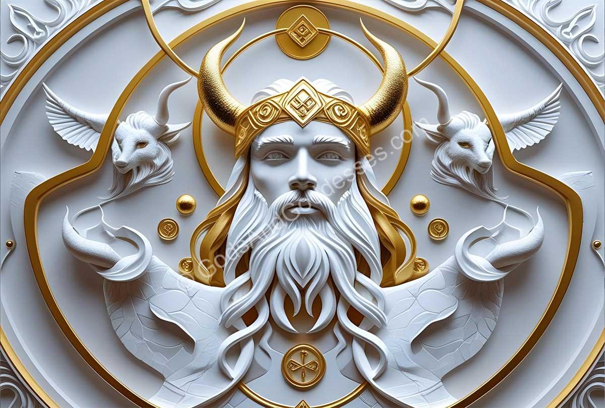 Norse mythology relief sculpture of bearded god with crown, horned creatures, and intricate patterns.