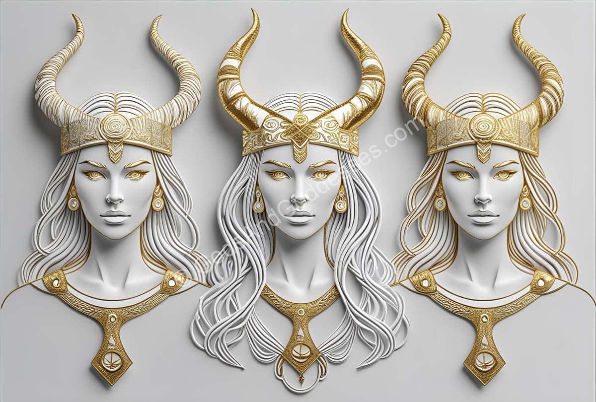 Norse Goddesses List Norse goddesses artwork with regal horned crowns and mythical feminine power.