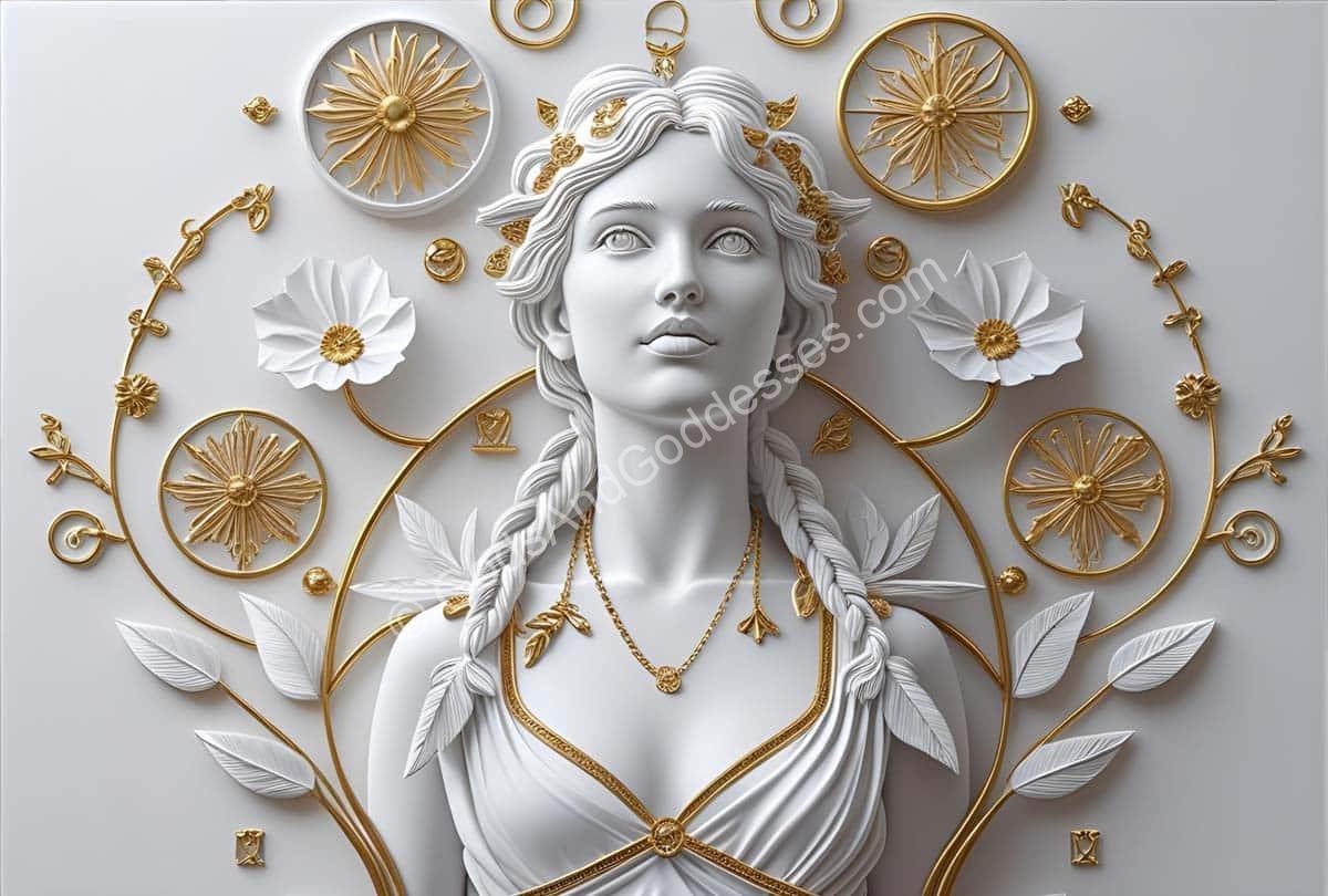 Elegant Greek nymph relief sculpture with floral and gold motifs symbolizing beauty and nature.