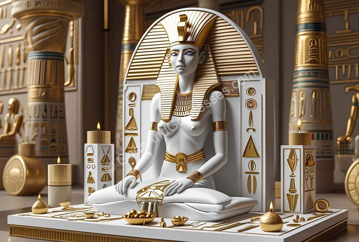 Ancient Egyptian goddess Isis statue with gold accents and ceremonial offerings.